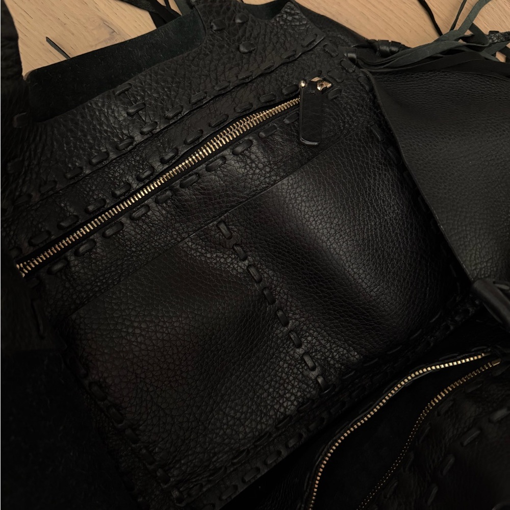 Valentino Black Leather C-Rockee Fringe Tote - Picture 3 of 15